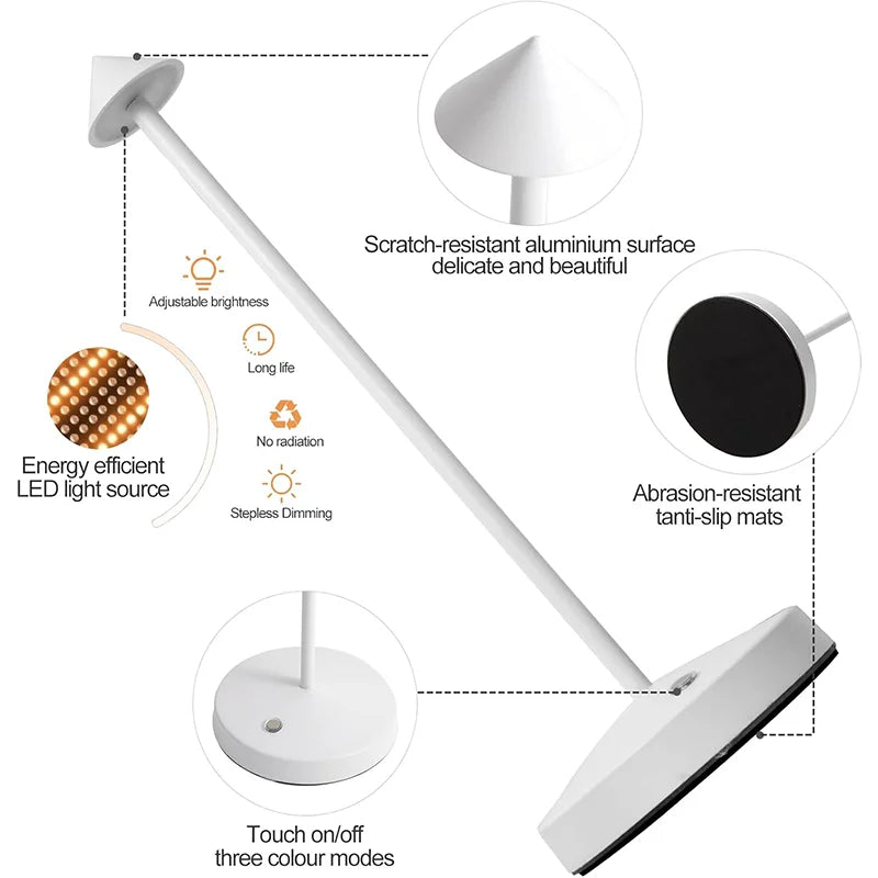 LED Touch Metal Desk Lamp 3-Color Dimmable Cordless